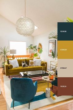 a living room filled with furniture and lots of color swatches in shades of brown, blue, yellow