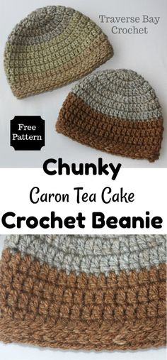 the crochet beanie pattern is shown in three different colors and sizes, including brown