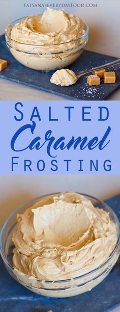 salted caramel frosting in a glass bowl on top of a blue tray