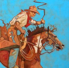 a painting of a man riding a horse with a lasso on his shoulder and wearing a cowboy hat