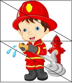 a cartoon fireman holding a hose next to a fire hydrant