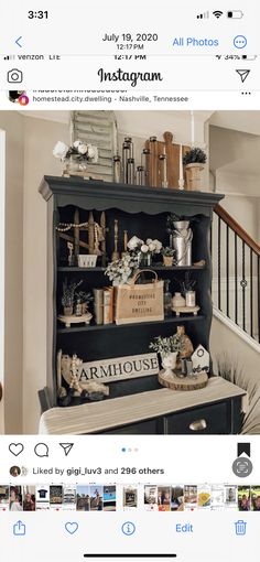 the instagram page shows an old bookcase with many items on top and bottom