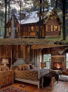 there are two pictures of a log cabin in the woods, and one has a fireplace