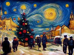 a painting of people walking in front of a christmas tree with the starry night