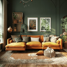 a living room with green walls and yellow couches in the corner, surrounded by potted plants