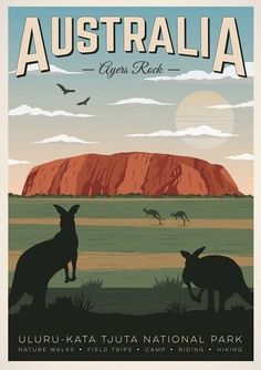 an australian poster with kangaroos in the background