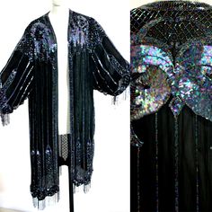 "An Amazing sequined Coat/duster Fit for that 20s party you will be celebrating! This one is fabulous!! It is one size and can easily fit up to an XXL if you want.. This is meant to be decadent, Luxurious and absolutely Flapperesque!! Very good condition, with tags and extra sequins included!! Measuring: 46\" at bottom of fringe Width: 60\" and is an open jacket Sleeves: 20+\" more of a bat wing style..meant to accent your dress!! so if you are invited to the party of the century..or even the pa Silk Duster, Sequin Duster, 20s Party, 30s Fashion, Gatsby Style, Open Jacket, Bat Wing, Flapper Style, Dusters