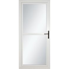 a white door with a mirror on the front and side paneled in black hardware