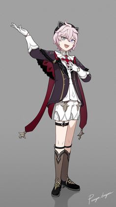 an anime character with pink hair and white hair, wearing a purple coat and black boots