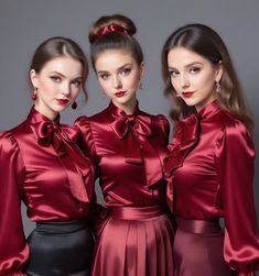 Red Satin Blouse, Satin Skirts, Leather Outfits Women, Silky Shirt, Silk Blouses, Shiny Dresses