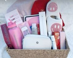 a basket filled with personal care items in the snow