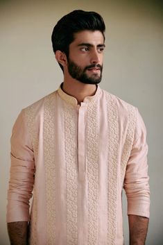 Peach Kurta For Men, Punjabi Design, Brocade Blouse Designs, Saraswati Puja, Stylish Men Wear, Mens Smart Casual Outfits, Rolled Up Sleeves, Brocade Blouse