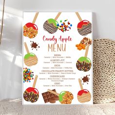 a candy apple menu is shown on a table