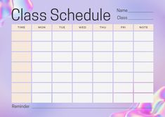 a class schedule is shown on a purple background