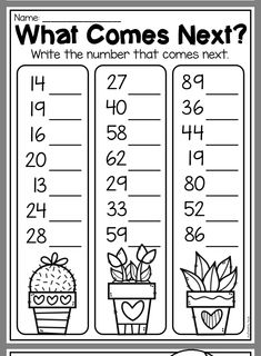 what comes next? worksheet for kids with numbers and plants in pots on them