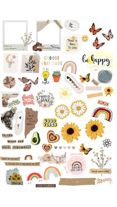 an assortment of stickers with flowers, butterflies and other things on them in different colors