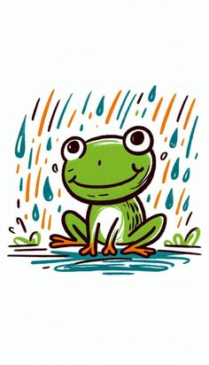 a green frog sitting in the rain