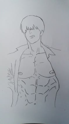 a drawing of a man with short hair and no shirt is shown in black ink