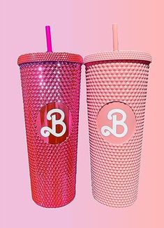 two pink tumblers with the letter b on them