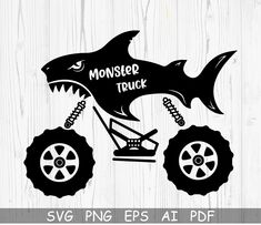 a monster truck with a shark on it's front wheels and the words monster truck