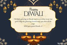 happy diwali greeting card with lit candles and ornate frame on dark blue background