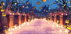 an animated halloween scene with pumpkins and jack - o'- lanterns