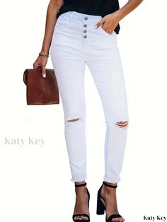 Katykey - Womens Mid-Stretch Cropped Denim Jeans with Raw Hem and Single Breasted Button Detail White Mid-rise Jeans With Button Closure, Non-stretch Cotton Jeans With Buttons, White High Rise Jeans With Button Closure, Casual Stretch Jeans With Button-up Style, Casual Stretch Button-up Jeans, White Casual Jeans With Buttons, White Buttoned Casual Jeans, White Jeans With Button Closure For Fall, Casual White Jeans With Buttons