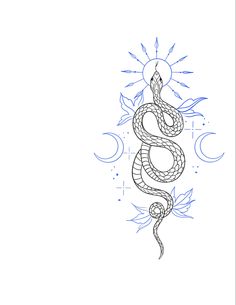 a drawing of a snake and sun on a white background with blue lines in the middle