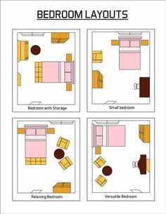 four bedroom layouts with different furniture and bedding options for each room in the house