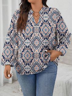 Style:Boho \nSleeve Type:Bishop Sleeve \nNeckline:Notched \nHem Shaped:Regular \nType:Top \nColor:Multicolor \nPattern Type:Plain \nPattern Type:Tribal \nPattern Type:All Over Print \nSleeve Length:Short Sleeve \nLength:Regular \nFit Type:Loose \nFabric:Non-Stretch \nMaterial:Knitted Fabric \nComposition:95% Polyester \nComposition:5% Elastane \nCare Instructions:Machine wash or professional dry clean \nSheer:No \n Floral Retro, Vintage Casual, V Neck Blouse, Inspiration Mode, All Over, Women Vintage, Plus Size Blouses, Plus Size Tops, Long Tops