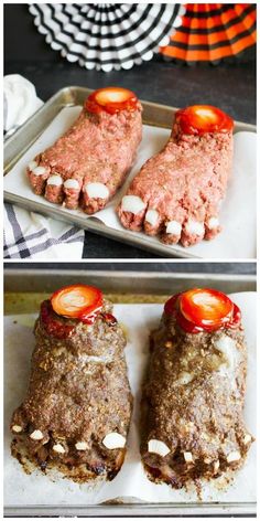 two pictures of meatloaf with tomatoes on top