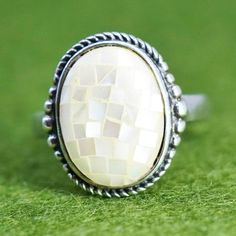 Size 8.75, Vintage sterling silver handmade ring with oval mother of pearl inlay, stamped 925 Handmade White Oval Pearl Ring, Silver Oval Rings With Mother Of Pearl, Silver Oval Mother Of Pearl Rings, Mother Of Pearl Inlay, Pearl Inlay, Multi Stone Ring, Multi Stone, Sterling Silber, Vintage Sterling Silver