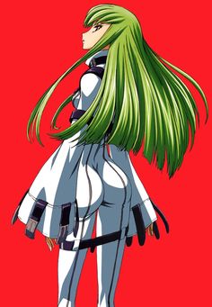 an anime character with long green hair and white outfit standing in front of a red background