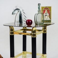 Vintage Gold Tone Faux Tusk & Black Laquer Glass Top Side Tables 1980s - Etsy