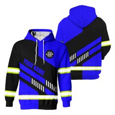 Hi Vis Hoodie Reflective Tapes Uniform Blue Neon Custom Logo And Name Safety Workwear For Workers, Runners, Cyclists, Patriotic Company Uniform, Safety Workwear, Blue Neon, Reflective Tape, Custom Logo, Blue Shirt, Custom Logos, Work Wear, Neon