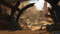 a scene from star wars the old republic with lots of machinery and people in it