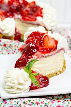 a piece of strawberry cheesecake on a white plate