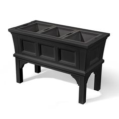 a black table with three sinks on it's legs and one drawer in the middle