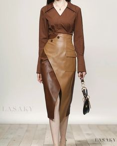 Lasaky - Contemporary Autumn Fashion Ensemble: Rich Brown Shirt and Sophisticated PU Leather Skirt Leather Skirt Long, Long Leather Skirt, Pu Skirt, Pencil Skirt Casual, Skirt Images, Unique Skirts, Pu Leather Skirt, Fall Wardrobe Essentials, Brown Blouse