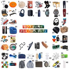 the gift guide for teen boys is displayed in this graphic above it's contents