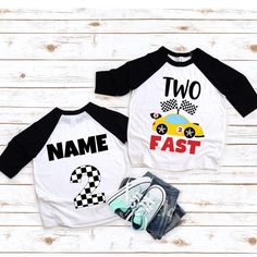 "Racecar Birthday Boy T-Shirt | Second Birthday Shirt | 2nd Birthday Shirt | Two Fast Birthday Shirt | Two Fast Birthday Boy Shirt.  HOW TO ORDER: *    Select size & sleeve length  *    For personalized designs - enter your customization in the \"Add your personalization\" box.  *    ADD TO CART and proceed to checkout *    Type additional order information in the \"Note to seller\" Box. CARE  *    Wash inside out w/cold water  *    Low heat tumble dry. PRODUCTION TIME: This item made to order and can take 1 to 2 business days before shipping. We do not carry pre-printed shirts. All shirts are printed to order, so we are unable to accept returns or exchanges. Make sure you check our size chart above in the picture carousel. Also, print colors may very slightly from the picture seen on your White Number Print Top For Birthday, Two Fast Birthday Shirt, Second Birthday Shirt, Two Fast Birthday, Birthday Boy Shirt, 2nd Birthday Shirt, Race Car Birthday, Car Birthday, Birthday Boy Shirts