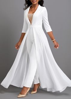 Sequin Ankle Length Lapel Regular White Jumpsuit | Rosewe.com - USD $45.98 Lulus Wedding, Chic Dress Classy, Afrikaanse Mode, Jumpsuit Elegant, Elegante Casual, Classy Dress Outfits, Classy Casual Outfits, Couple Wedding, White Jumpsuit