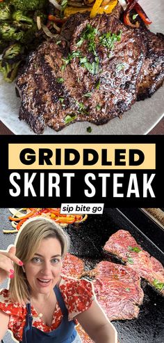 a woman standing in front of a plate of steak and asparagus