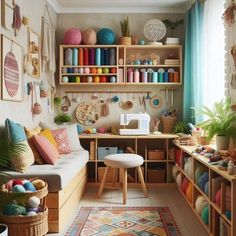 a room filled with lots of different types of crafting supplies on shelves next to a window