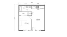 the floor plan for a studio apartment with one bedroom and an attached bathroom, shown in black