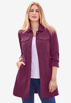 The iconic silhouette is figure flattering for every body and designed to move with you, wherever you go. Features on-seam front pockets and button cuff sleeves. 36" length CottonMachine wash; imported Complete the look with coordinating Classic Denim items! Click here to shop the collection.  | Plus Size Women's Long Denim Jacket by Jessica London in Deep Claret (Size 34 W) Cheap Spring Outerwear With Hidden Button Closure, Cheap Spring Outerwear With Button Closure, Cheap Red Cotton Denim Jacket, Cheap Women's Outerwear With Buttoned Pockets, Cheap Fitted Outerwear With Hidden Button Closure, Cheap Red Denim Jacket With Pockets, Long Denim Jacket, Oversized Jean Jacket, Long Overcoat