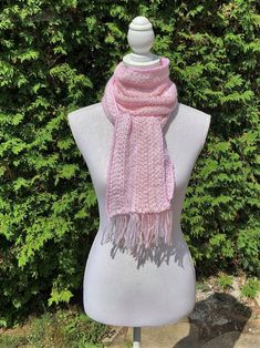 "Super long, beautiful knit scarf, in a variety of pinks, whites and creams make up this piece. Knit in a linen stitch to give the colours the chance to shine. Long enough to wrap a few times or just leave it long for a statement. This piece measues 16cm/6\" wide, 203cm/ 80\" long. Hand made, by me, who loves her work. Thanks for viewing my shop" Pink Crochet Knitting Pattern, Casual Pink Yarn Knitting Pattern, Handmade Pink Knitting Pattern One Size, Pink Knitted Scarves For Winter, Pink Knitted Scarves, Pink Knitted Winter Scarves, Pink Crochet Scarves, Pink Bohemian Crochet Scarves, Pink Hand Knitted Scarves One Size