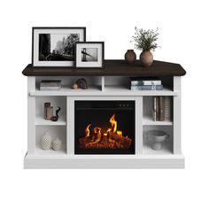 an entertainment center with a fireplace and pictures on it