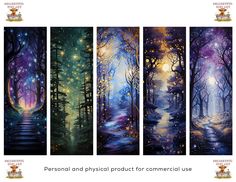 the four panels show different stages of painting, and each panel has an image of a forest