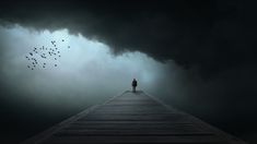 a person standing at the end of a pier under a dark sky with birds flying overhead